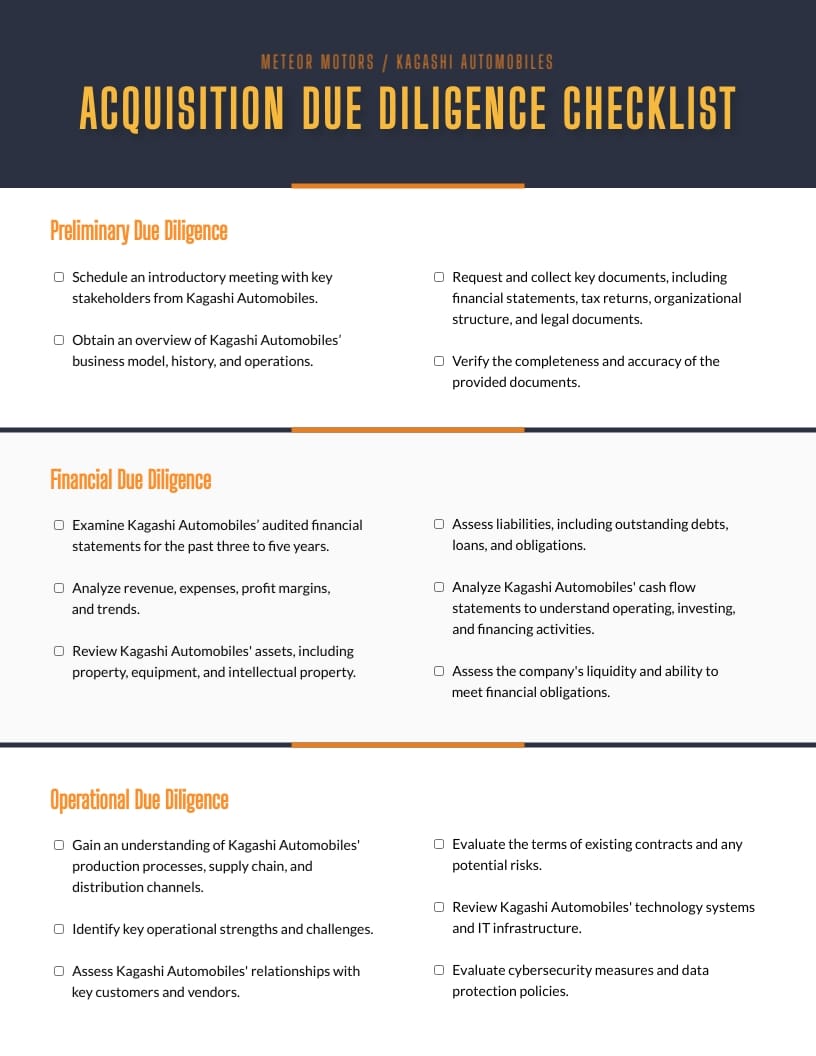 Acquisition Due Diligence Checklist Template