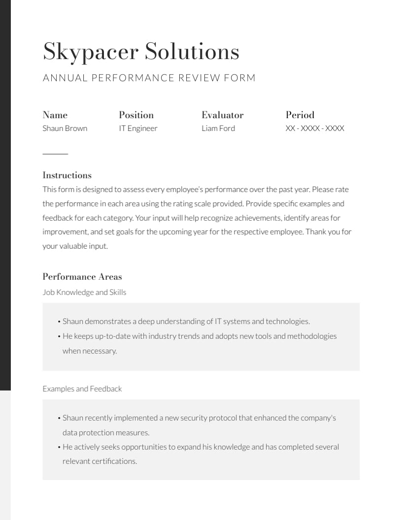 Annual Performance Review Form Template