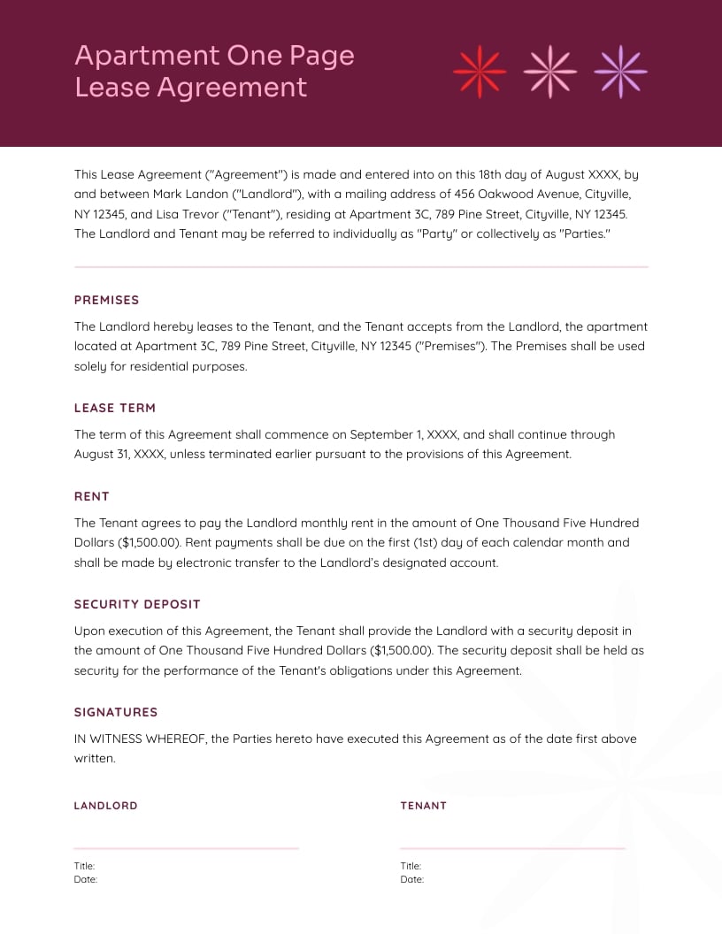 Apartment One Page Lease Agreement Template Apartment One Page Lease Agreement Template