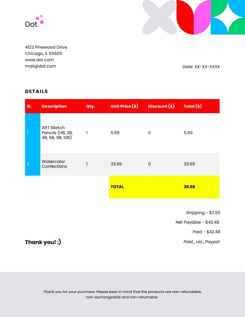 Art Stationery Bill Template