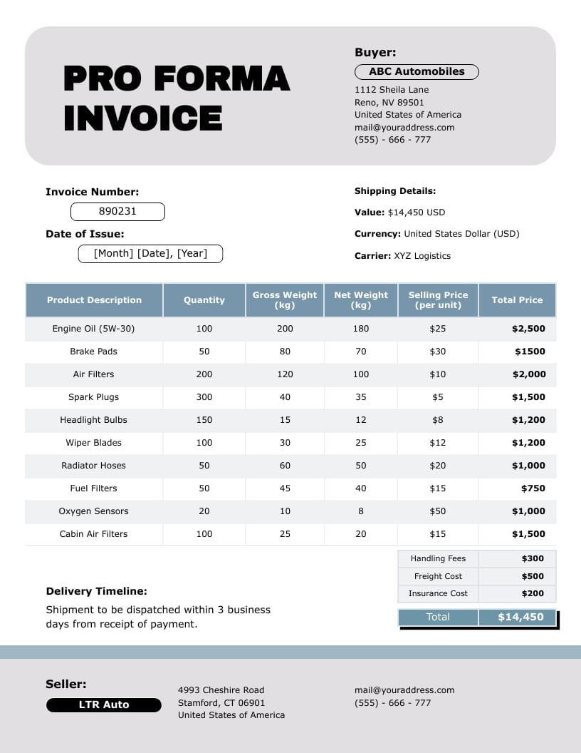 Automobile Pro Forma Invoice Template