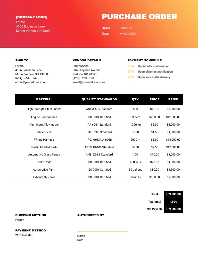 Automobile Purchase Order Template