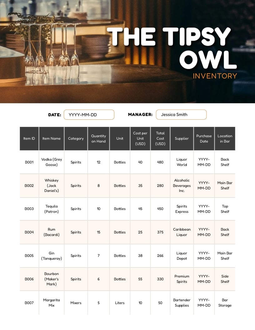 Bar Inventory Sheet Template