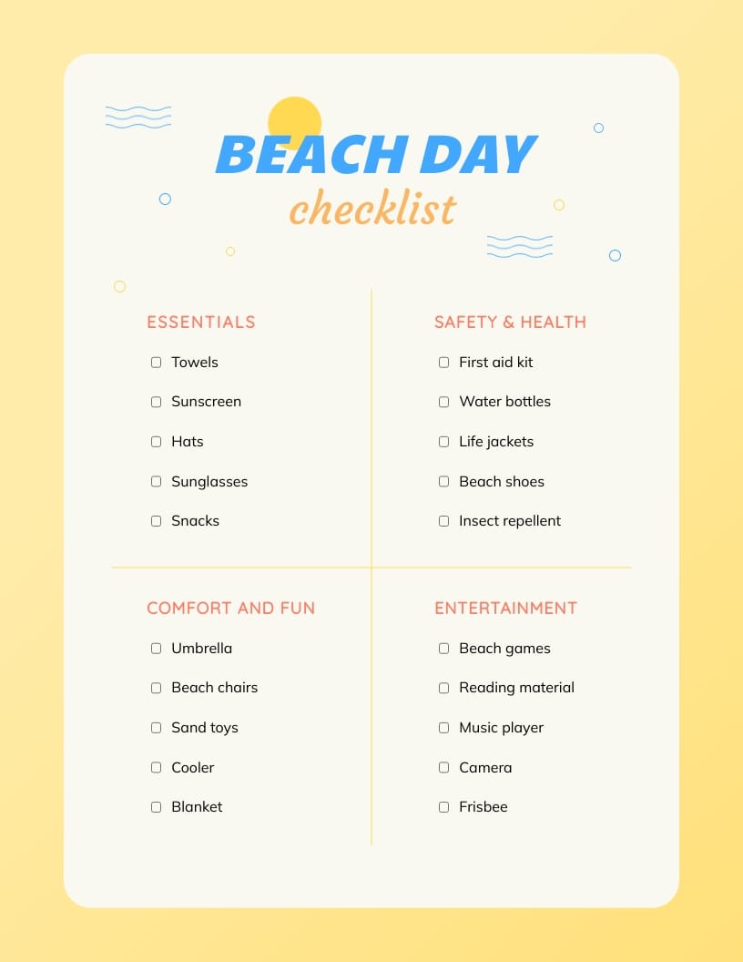 Beach Day Checklist Template Beach Day Checklist Template