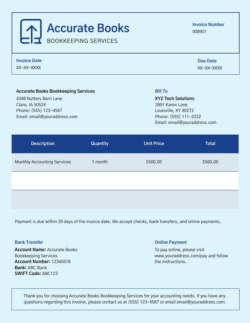 Bookkeeping Payment Invoice Template