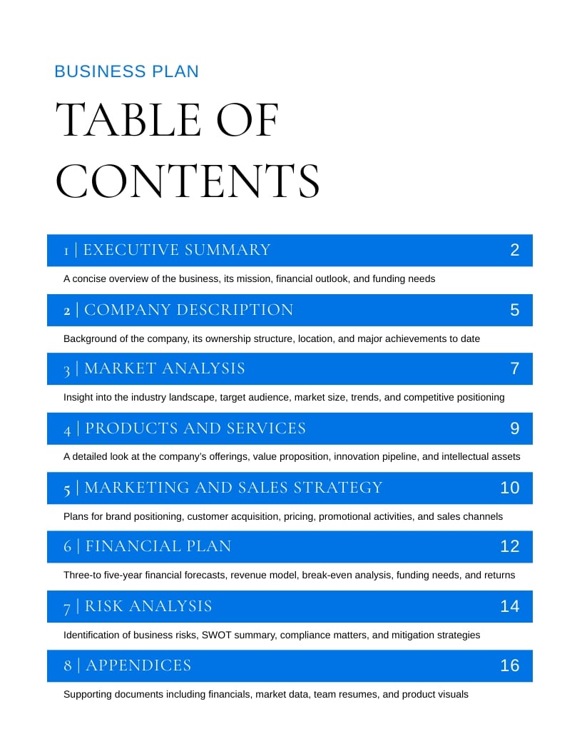 Business Plan Table of Contents Example Template