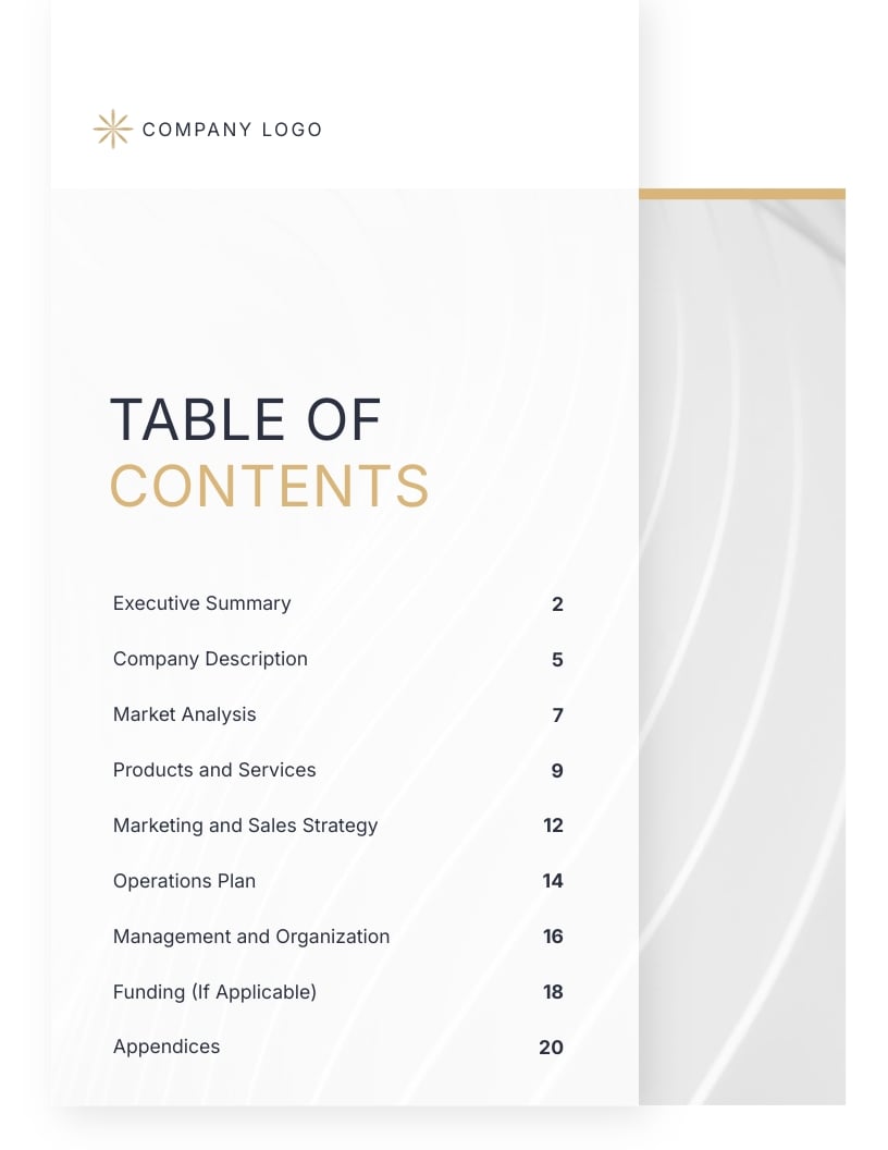 Business Plan Table of Contents Template