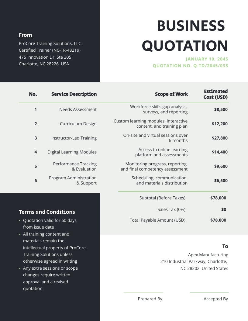 Business Training Quotation Template