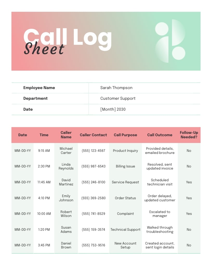 Call Log Template