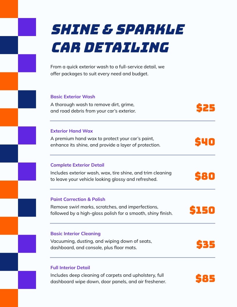 Car Detailing Price List Template