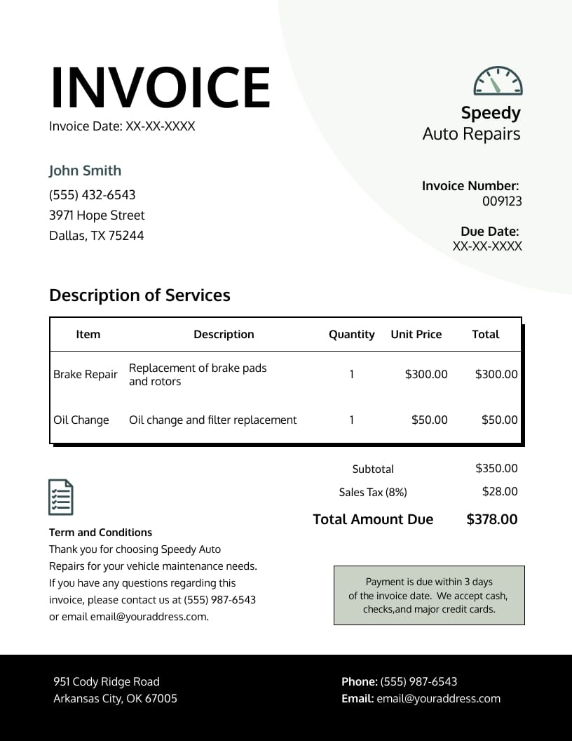Car Repair Payment Invoice Template