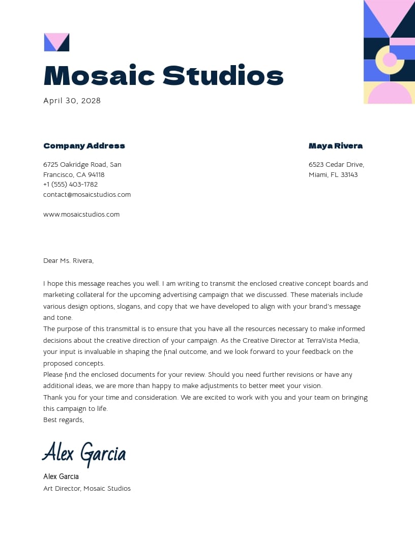 Colorful Creative Transmittal Letter Template