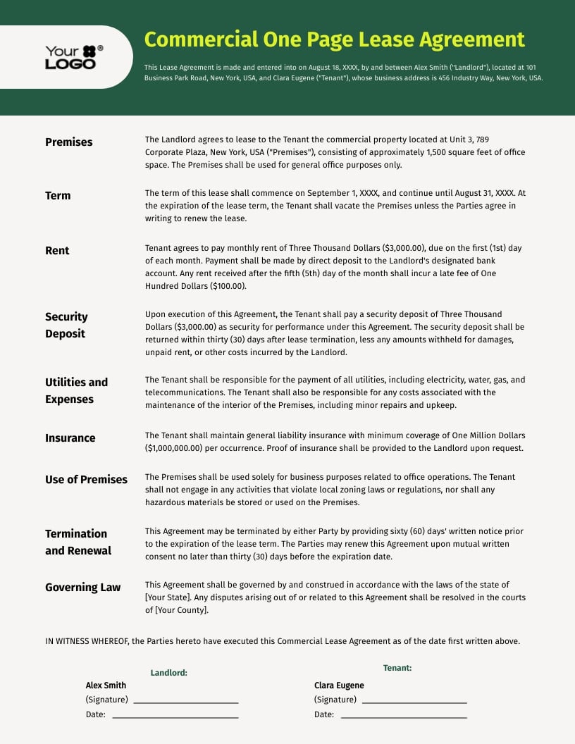 Commercial One Page Lease Agreement Template Commercial One Page Lease Agreement Template