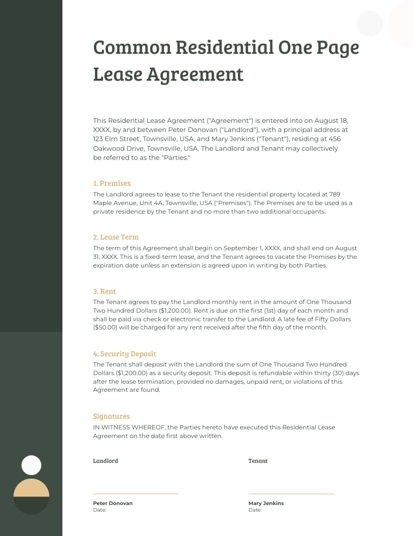 Common Residential One Page Lease Agreement Template Common Residential One Page Lease Agreement Template