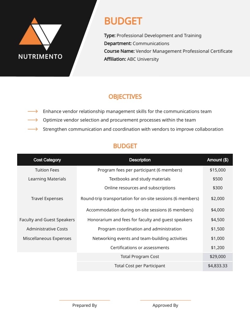 Communications Training Budget Template