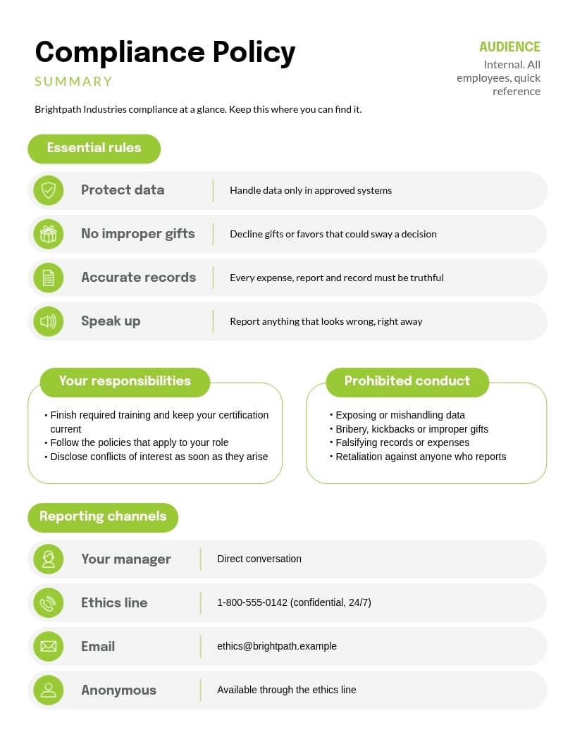 Compliance Policy Summary One Pager Template