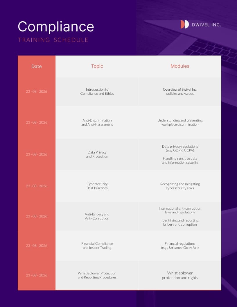 Compliance Training Schedule