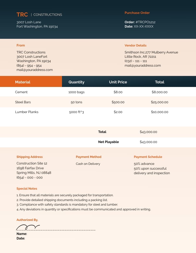 Construction Purchase Order Template