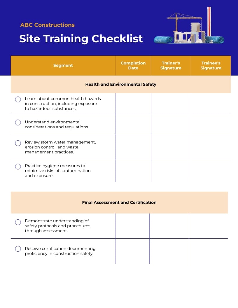 Construction Site Training Checklist Template | Visme