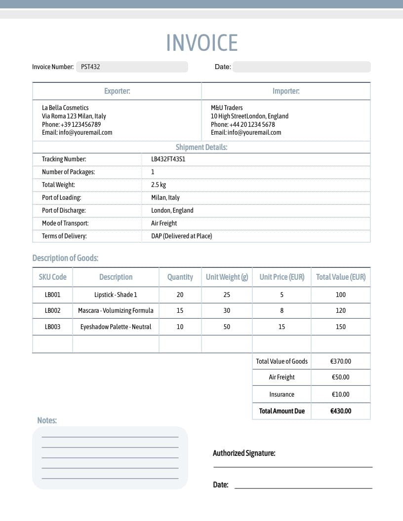 Cosmetics Shipment Commercial Invoice Template