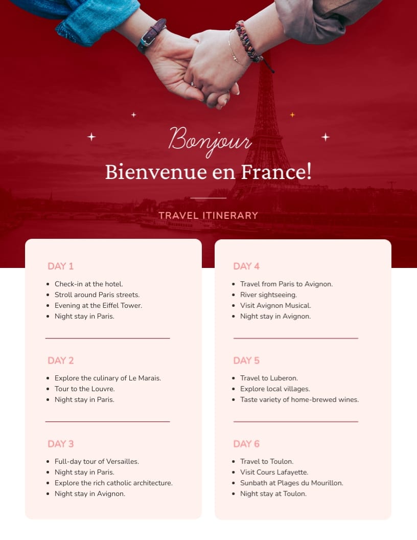 Couple Vacation in France Itinerary Template