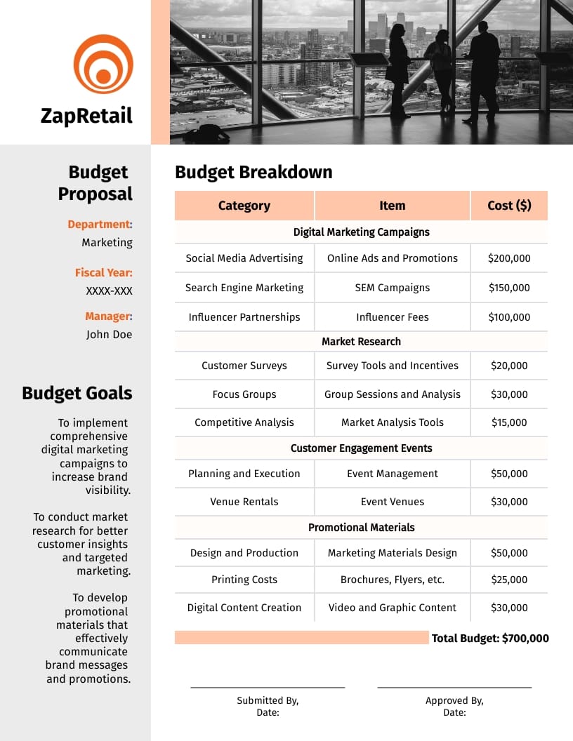 Department One Page Budget Proposal Template