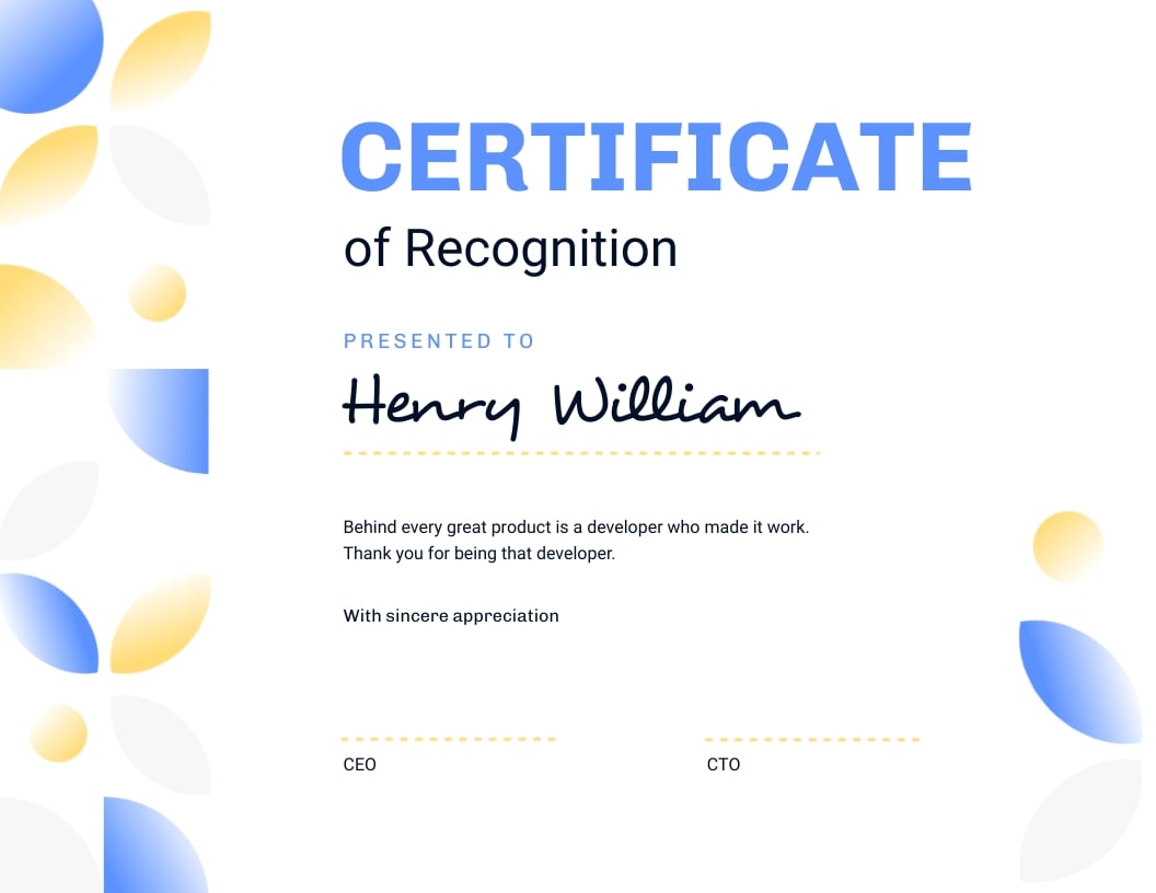 Developer Employee Recognition Certificate Template