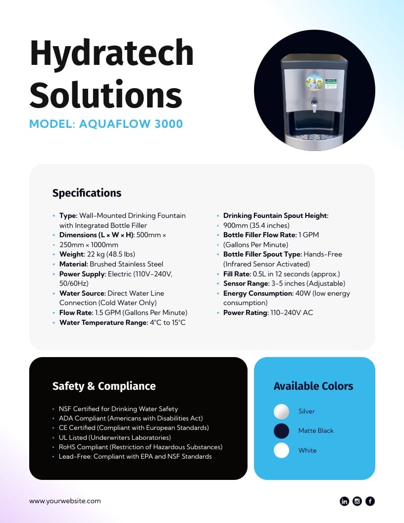 Drinking Fountain With Bottle Filler Spec Sheet Template