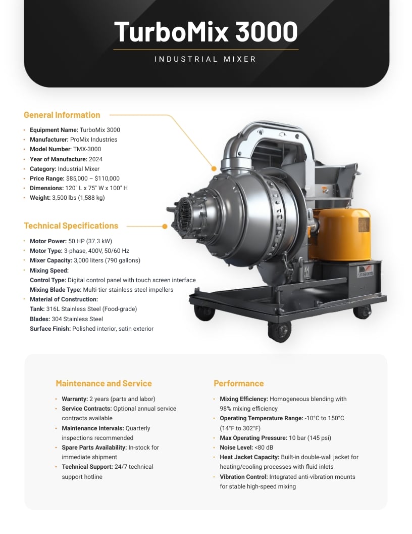Equipment Spec Sheet Template