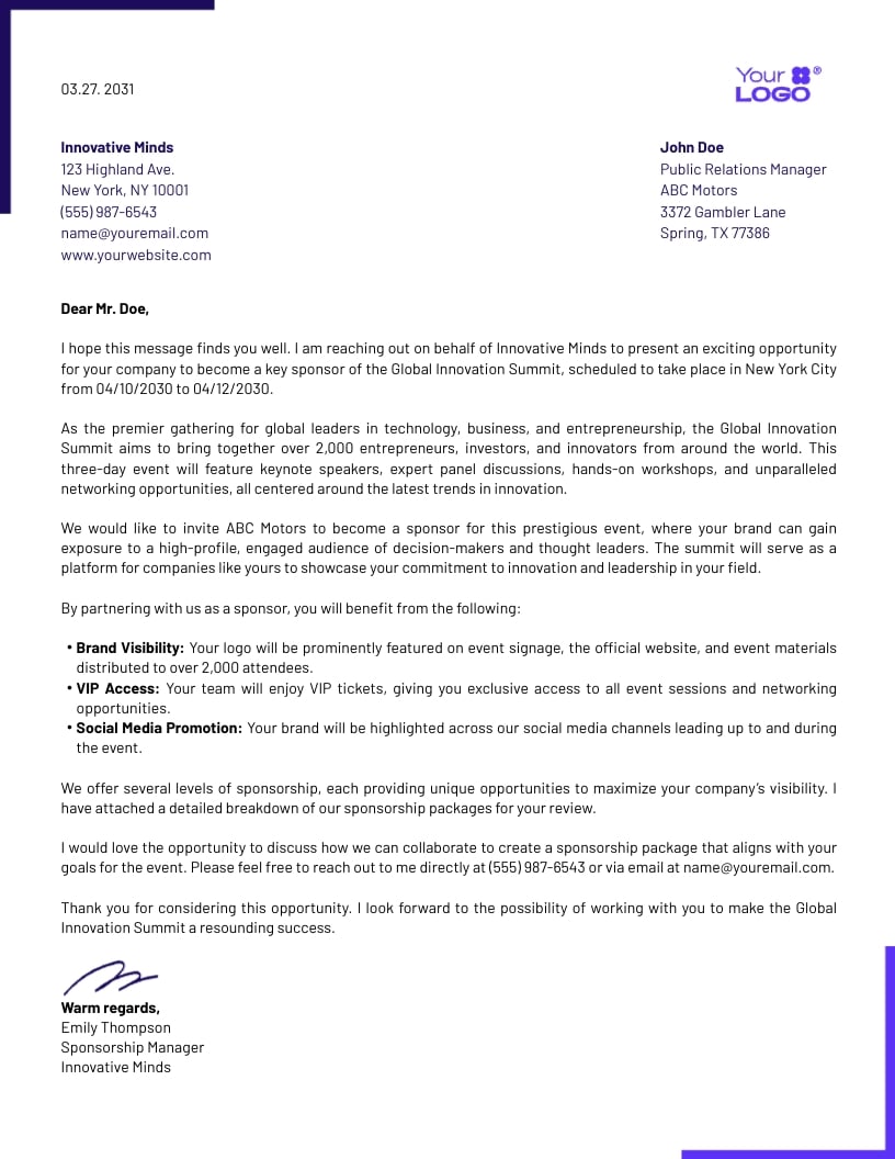 Event Sponsorship Proposal Letter Template