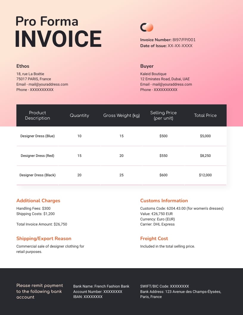 Fashion Pro Forma Invoice Template