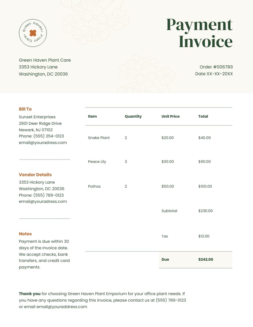 Florist Payment Invoice Template
