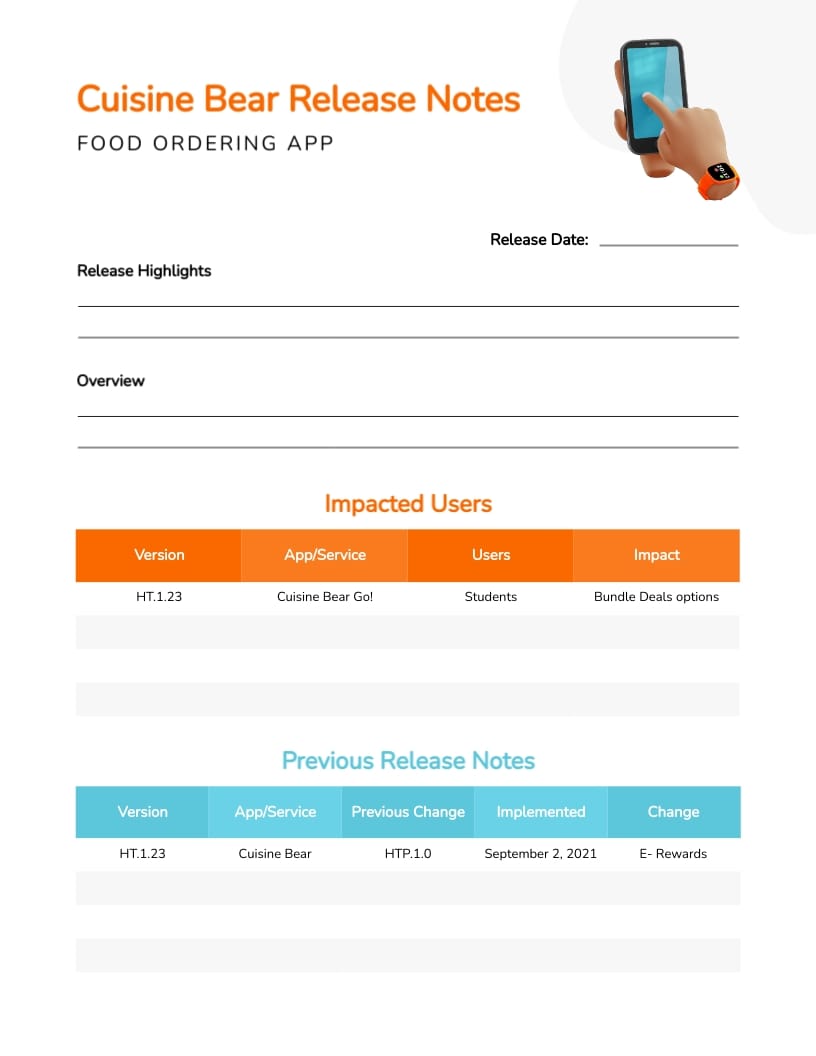 Food App Release Notes Worksheet Template