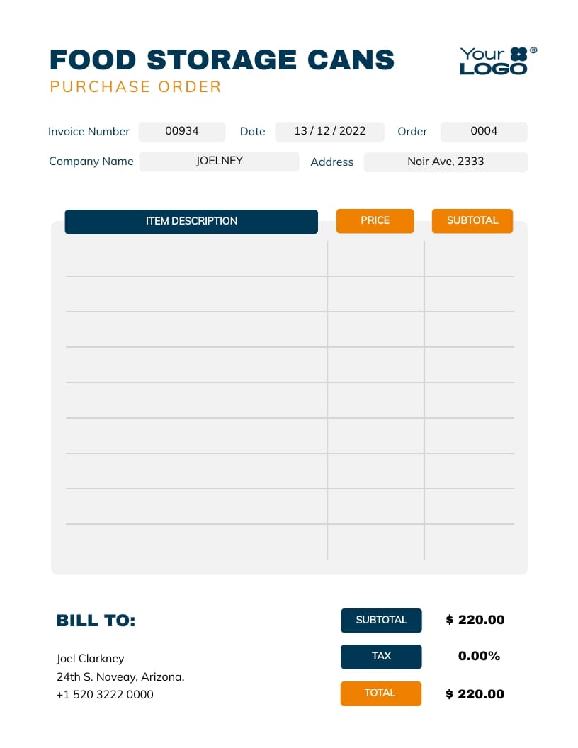 Food Storage Cans Purchase Order Modern Template