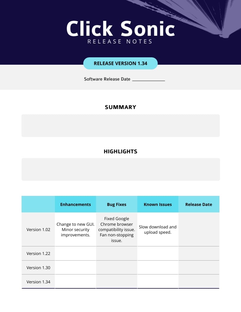 General Release Notes Worksheet Template
