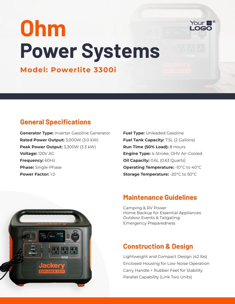 Generator Spec Sheet Template