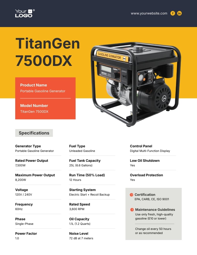 Generator Specification Sheet Template