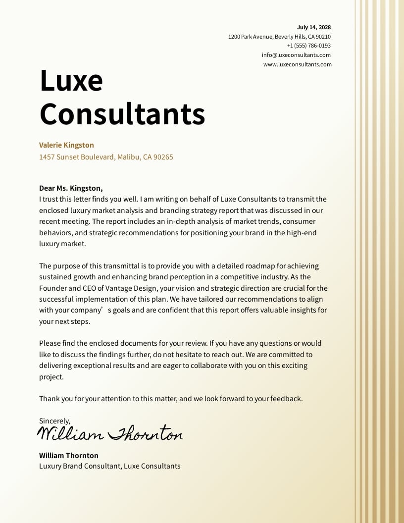 Gold and White Luxury Transmittal Letter Template