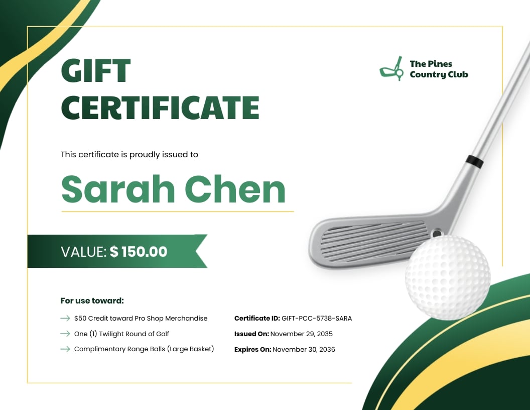 Golf Gift Certificate Template