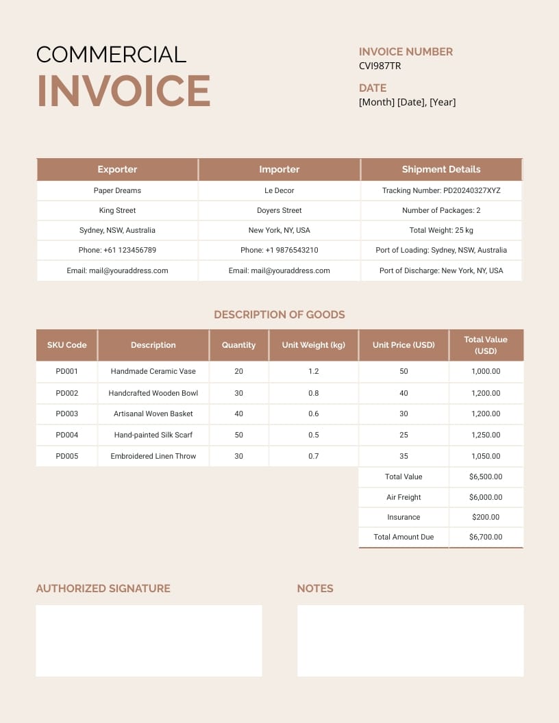 Goods Commercial Invoice Template