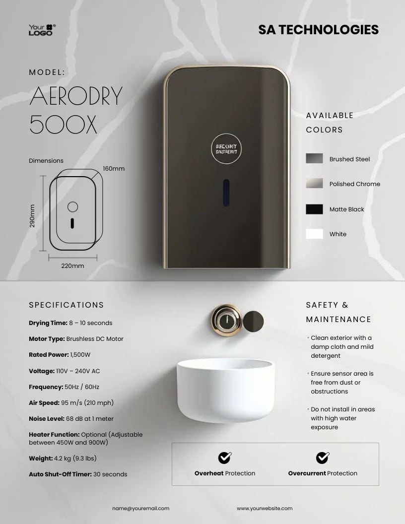 Hand Dryer Spec Sheet Template