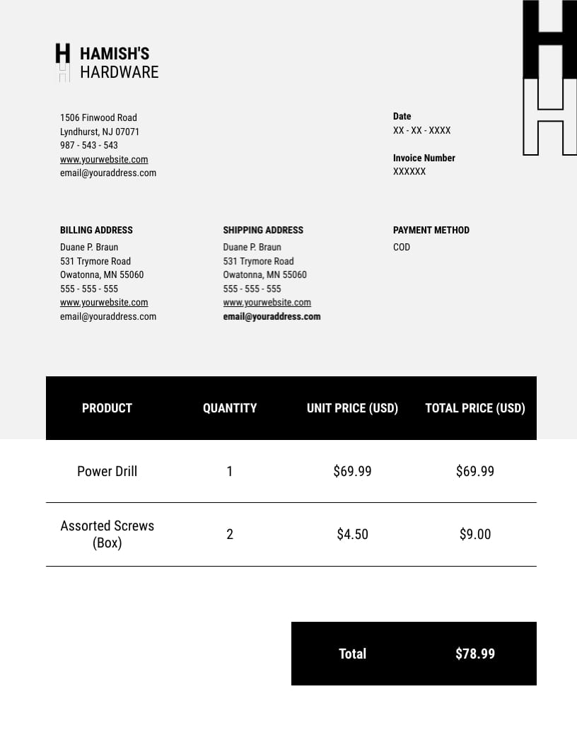 Hardware Invoice Template
