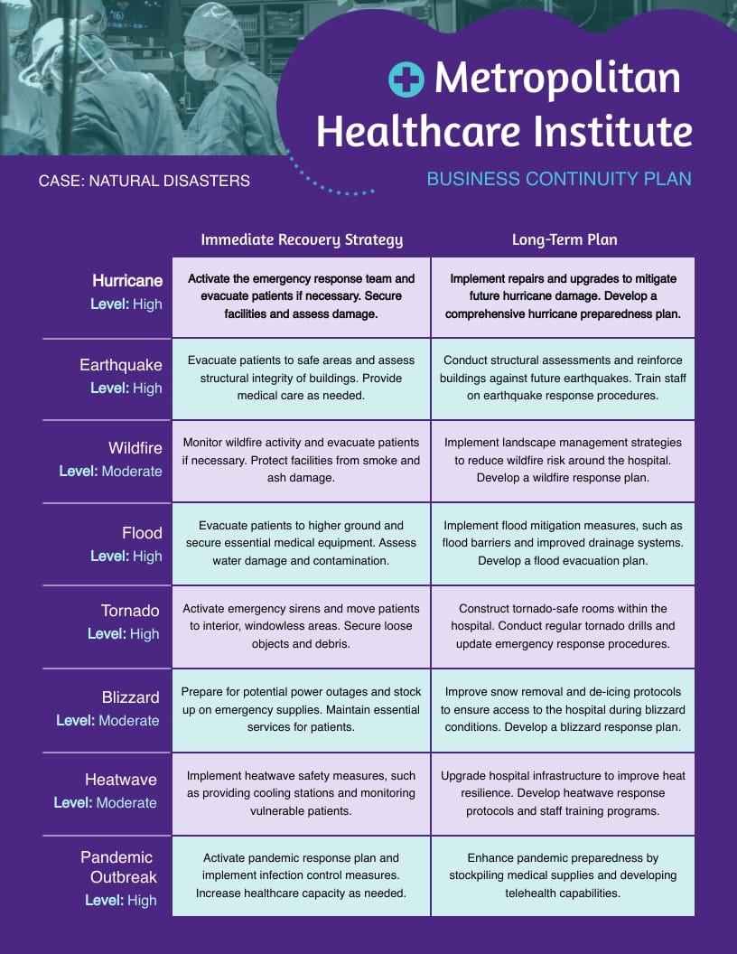 Healthcare One Page Business Continuity Plan Template