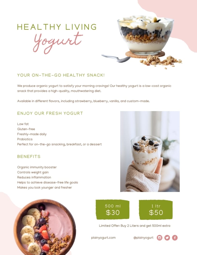 Healthy Living Yogurt Product Sell Sheet Template