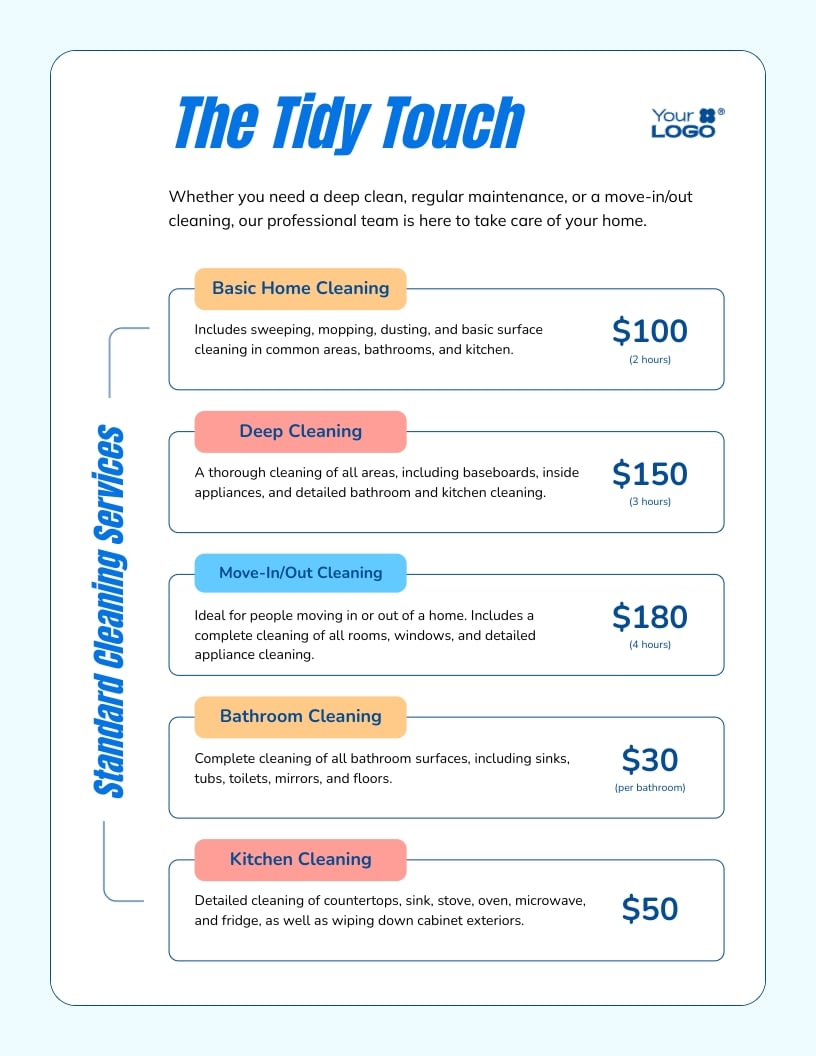House Cleaning Services Price List Template