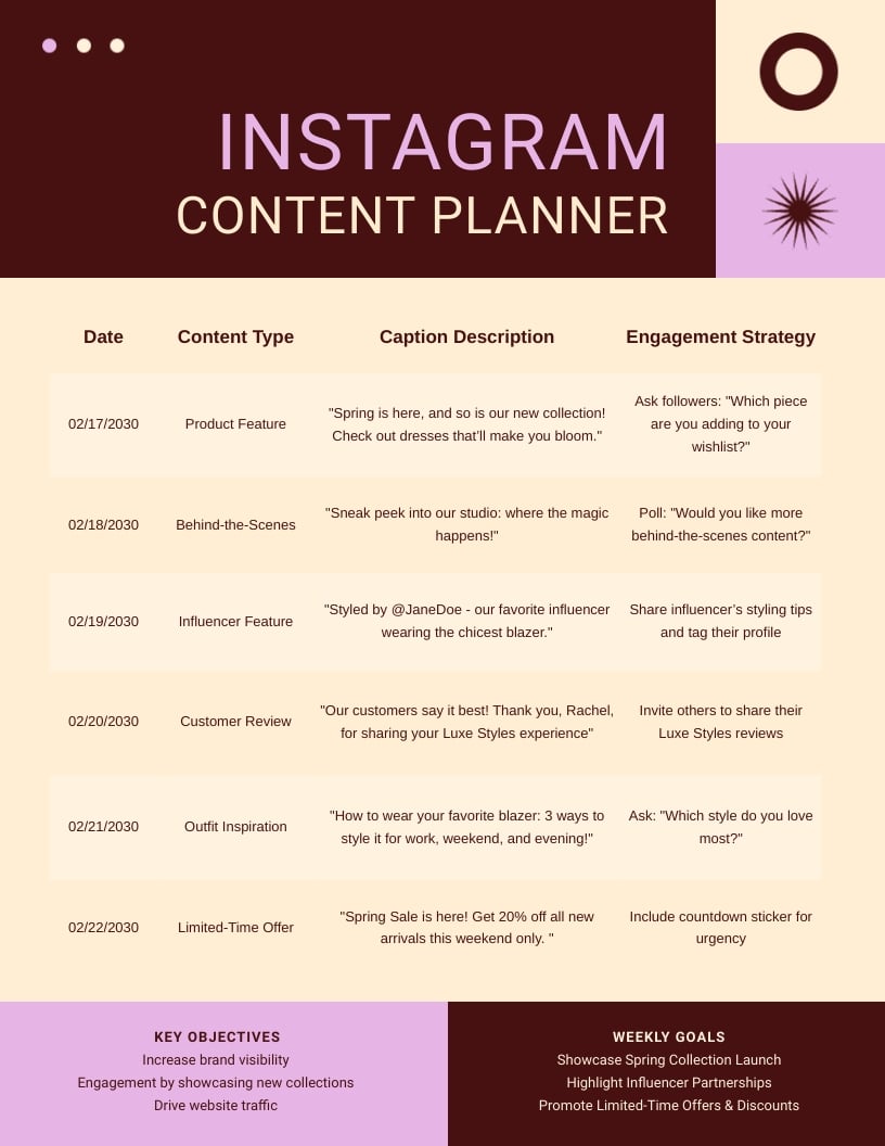 Instagram Content Planner Template