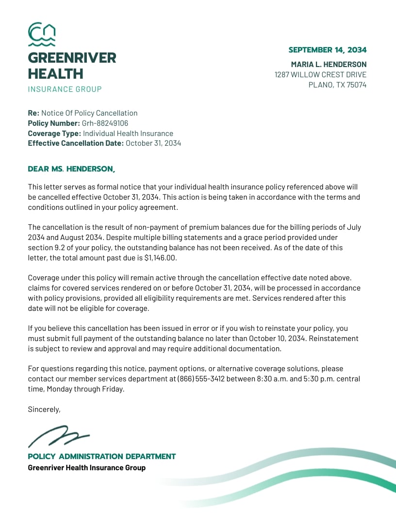 Insurance Cancellation Letter Template