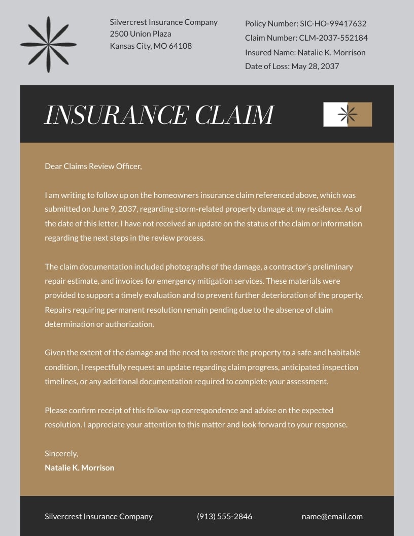 Insurance Claim Follow Up Letter Template