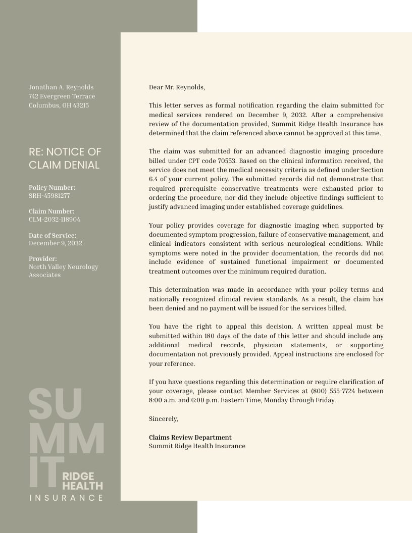 Insurance Denial Letter Template