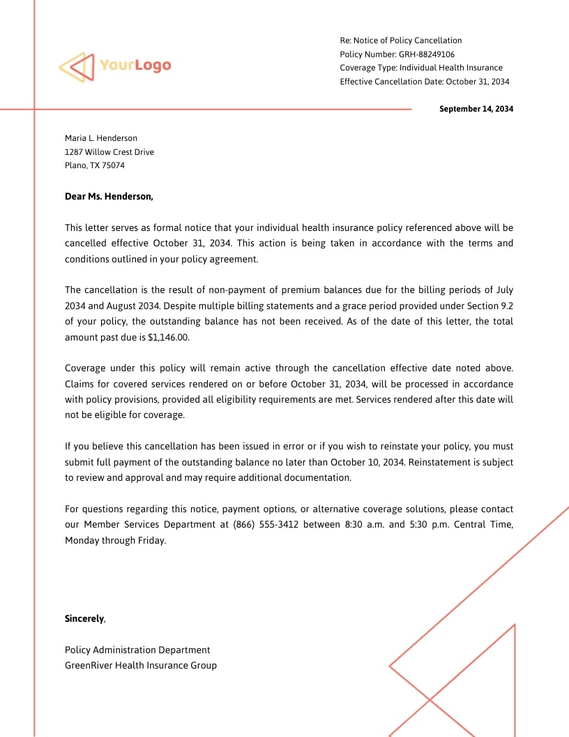 Insurance Policy Cancellation Request Letter Template